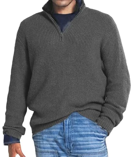 Hombre Primavera Color sólido de punto de lana manga larga suéter cremallera cuello Top, gris, 3XL