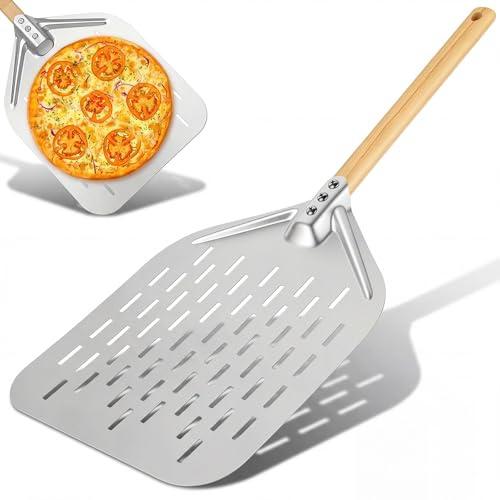 12-Tums pizzaskiva i rostfritt stål, perforerad pizzaskiva med avtagbart trähandtag, pizzaskiva i aluminium, pizzaskiva med stor, för grill och ugn (40 * 30 cm)