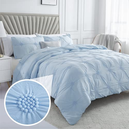 Swift Home Twin/Twin XL Baby Blue Comforter Set - Ruched 3D Floral Pintuck Bedding Set - 2 Pieces Bed Linen, 1 Comforter and 1 Pillow Sham