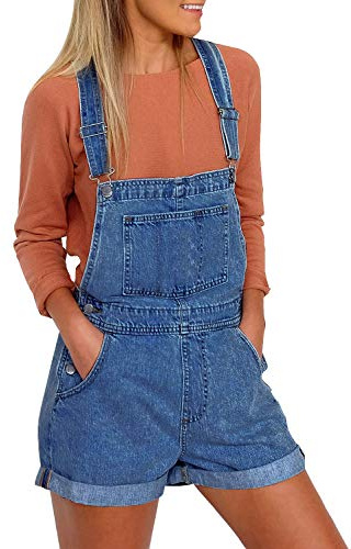 Roskiky Peto vaquero para mujer con tirantes de hebilla y bolsillos en el dobladillo con puños, D-azul oscuro., S