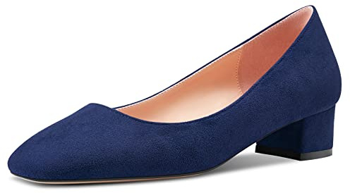 HEUIVZAR Femmes Talon Heel Escarpins Carré Bout Kitten Bas Chunky Bloc Talon Heel Slip-on Suède Dress Chaussures Mariée Vacances Bleu Marine 3.5 CM 40 EU