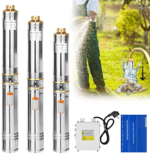 XMTECH Tiefbrunnenpumpe 370W Brunnenpumpe aus Edestahl mit 20m Verbindungskabel, Tiefbrunnenpumpen Tauchpumpe Rohrpumpe für Brunnen, Schächten, Zisternen, Maximale Fördermenge 4.000 l/h