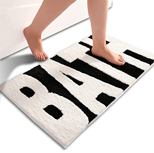 Anybar Bathroom Rug Black and White Bath Mats Non Slip Floor Mat, Thick Soft Shaggy Bath Rugs Cute Bathroom Deocr, Super Absorbent Bathmat Machine Washable Carpet for Shower 16 x 24‘’