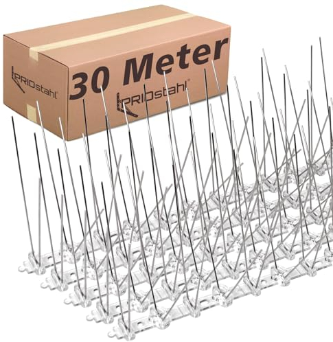 PRIOstahl Taubenabwehr Taubenspikes Vogelabwehr mit Kunststoffgrundplatte 4-reihig 30 Meter (60 x 0,50cm Spikes) Vogelschutz Abwehr für Balkon Dach Fenster UV-Beständig & rostfrei Edelstahl V2A