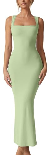 QINSEN Women's Square Neck with Lace Detail Long Maxi Dress Sleeveless Lounge Ribbed Full Length Dresses Green S