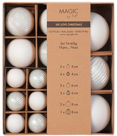 Weihnachtskugeln Glas 4-8cm Mix 16er Set - matt & glänzend gerillt - Christbaumkugeln Weihnachtsbaumkugeln für Weihnachten - Christbaumschmuck & Weihnachtsbaumschmuck Weiß - Just White