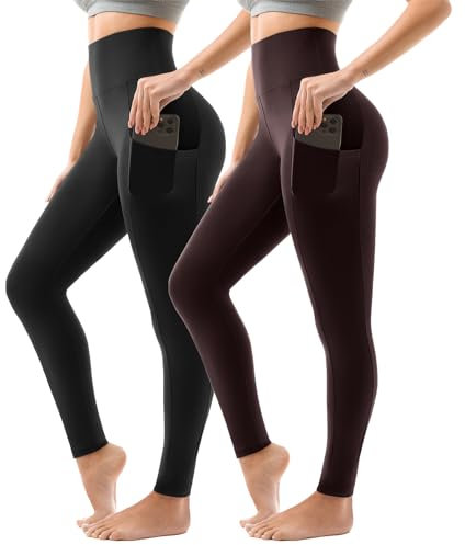 Sanpetix Sport Leggings Damen High Waist, Sporthose Damen Lang Mit Taschen Für Gym Yoga 2er Pack LXL Schwarz/Kaffee