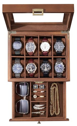 ProCase Boite Montre Homme en Bois, Coffret Montre à 2 Niveaux, Rangement Montre avec 8 Emplacements 1 Tiroir -Original