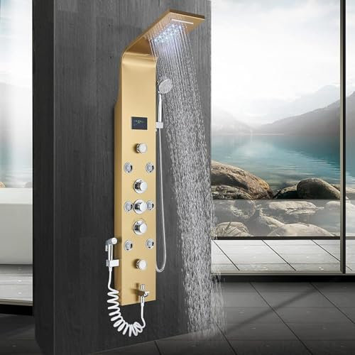 Modern LED Shower Panel Tower with 6 Functions Stainless Steel Shower System with Waterfall and Rainfall Shower Head Hand Shower Jets Bath Spout High Pressure Bidet Wall Mounted in Elegant