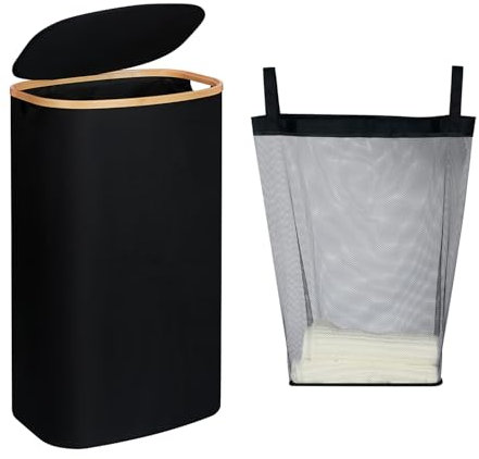 110L Wäschekorb mit Deckel, Wäschesammler Schmal mit Bambus Henkel und Herausnehmbaren Wäschesack Laundry Baskets with Lid, Wäschekörbe für Waschküche, Schlafzimmer, Badezimmer (Schwarz)