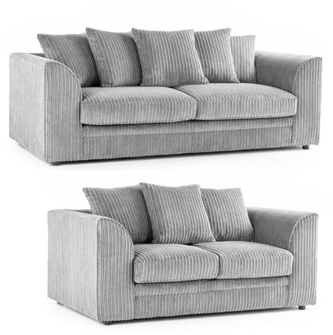 SOFASELECTIONUK LTD Jumbo Cord Scatter Back 3 and 2 Seater Sofa Sets Supreme Comfort Duo Dylan Silver Soft Cord Settee Collection For Your Living Space with Double the Style and Comfort