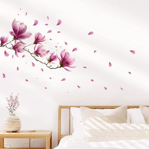 FUFUQUARE Pink Magnolia Flowers Wall Sticker Chinese Ink Floral Wall Art Decals Vinyl Removable Peel and Stick for Bedroom Living Room Sofa TV Background Decorations
