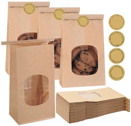 QingWing 30 Pièces Sachet Kraft Alimentaire avec 48 Autocollants, 17x9x6cm Pochettes de Stockage Alimentaires Réutilisables avec Fenetre Transparente, Sachet Zip Kraft aux Noix, Grains de Café