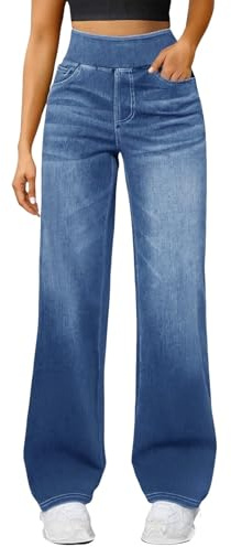 Straight Leg Jeans Women，High Waisted Pull On Stretch Comfy Palazzo Trousers Casual Denim Pants with Pockets for Everyday Wear，Womens Jeans