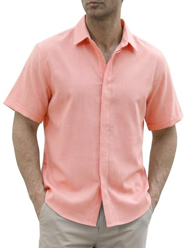 Gavliuu Men's Linen Shirts with Hidden Buttons, Casual Summer Beach Short Sleeve Shirt for Men