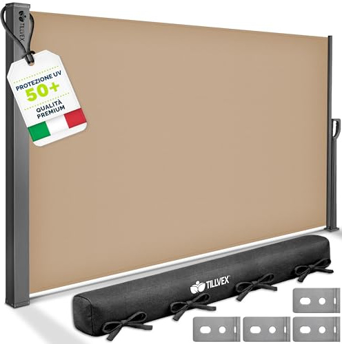 tillvex® Toldo Lateral 180 x 400 cm Extensible y Opaco con Cubierta | Protección Visual para balcón, jardín y terraza | Estor Lateral con Soporte de Pared | Protección Solar de Acero Inoxidable