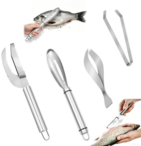 ZEKUN 4 stycken fiskfjällare professionell rostfritt stål 304 fiskskalare i rostfritt stål med åsklämma för att ta bort fiskskal och ben