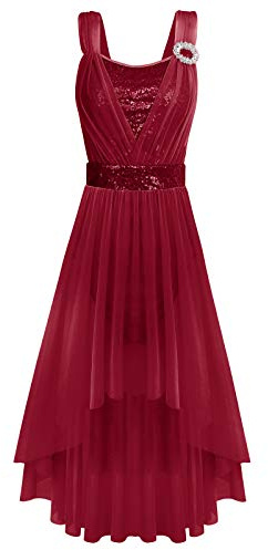 OBEEII Robe Danse Femme Paillette Robe Danse Latine Rumba Jazz Justaucorps Gymnastique Halter Neck sans Manche Tulle Robe Cocktail Soir?e Ballroom Dancewear Vin Rouge B XL