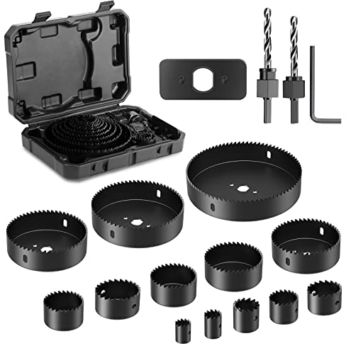 HYCHIKA Hole Saw Sets, 19PCS Hole Saws 19 mm-127 mm, 1 Installation Plate, 1 Hex Key, 2 Drill Bits, 2 Mandrels, Perfect Drilling Drywall, Soft Wood, PVC and Plastic Plate