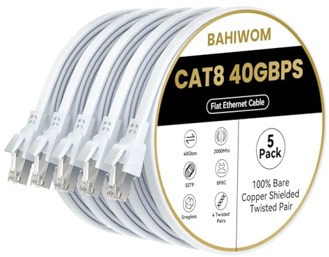 BAHIWOM Cat8 Ethernet Kabel 1,5m 5-Stück, 40 Gbit/s 2000 MHz Cat 8 Lan Kabel-Netzwerkkabel Gigabit RJ45 Patchkabel, Flach Hochgeschwindigkeits Internetkabel für Router Laptop PS5 - Weiß