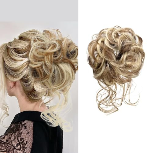 postiche chignon blond postiche chignon cheveux naturel Messy Bun avec élastique Cheveux synthétiques avec cheveux Tousled Updo Postiche pour femmes et filles (mélange blond)