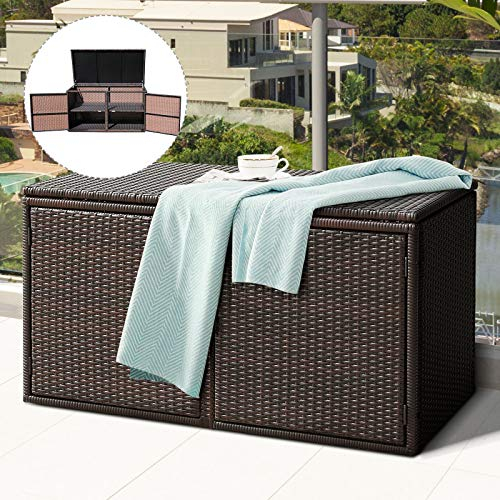 GIANTEX Auflagenbox Rattan 335 L mit Deckel, Gartenbox Kissenbox mit Doppeltüren & 2 Ablagen, Kissentruhe Aufbewahrungsbox Metallrahmen, Gartentruhe Auflagentruhe Gerätetruhe Truhenbank 115x60x65cm