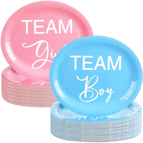 Suclain 50 Pcs Gender Reveal Party Supplies Team Boy Team Girl Party Tableware Pink and Blue Paper Plates Gender Reveal Oval Disposable Plates for Baby Shower Birthday Tableware, 10'' x 12''