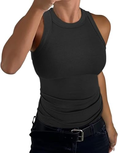 ELFIN Ribbad linne för kvinnor, sommar, sexig, ribbad topp, ärmlös, smal passform, baströja, rund hals, stretch, toppar, tanktops, svart, S