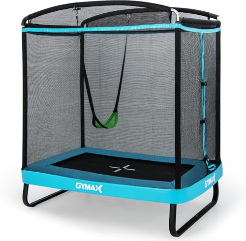 GYMAX 2 in 1 Trampolin, Freizeittrampolin mit Schaukel & Sicherheitsnetz, Kindertrampolin, Gartentrampolin bis 100kg belastbar, Outdoor-Trampolin für Kinder ab 3 Jahren, 190x122x210 cm (Blau)