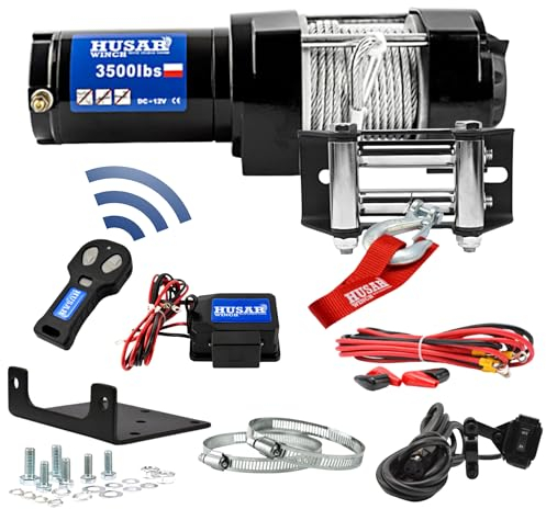 Husar Winch Cabrestante Eléctrico De 12V 3500 lbs | 1587 kg- Cuerda de Acero De 12 Metros de Largo Muy Resistente,Control Inalámbrico,Freno Automático,Kit De Montaje -Ideal para ATV/UTV+CORREA GRATIS