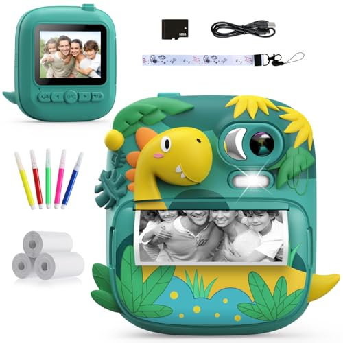 Kids Camera Instant Print, CAMCLID 2.4 Inch Screen Camera for Kids Dinosaur Children Digital Toys with 32GB Card & 3 Rolls Paper, Christmas Birthday Gift for Boys Girls 3-12 Age(Green)