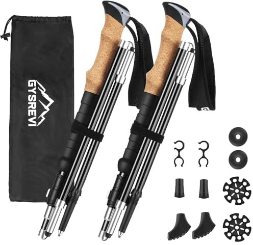 Gysrevi Wanderstöcke Trekkingstöcke Walking Stöcke 7075 Aluminium Wanderstock verstellbar 110-130cm und Klemmverschluss mit Korkgriff 4 Paar Gummipuffers für Trekking