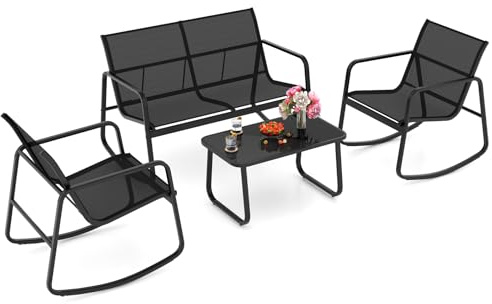 GYMAX Set da bistrot a dondolo 4 pezzi, set di mobili da patio con divanetto, 2 sedie a dondolo e tavolino in vetro, set di sedie a dondolo per conversazioni all'aperto per veranda, balcone (Nero)
