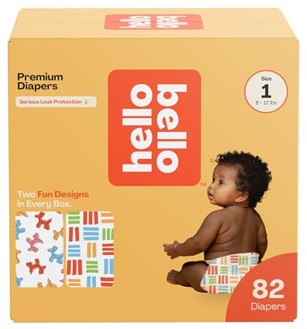 Hello Bello Premium Diapers (Balloon Buddies & Crosshatch) Size 1, 82ct | Gentle for Sensitive Skin Offering Premium Comfort & Feel, Free From Parabens, Phthalates, Latex & Fragrances.