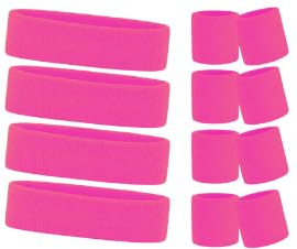 COSHAL® Set 4 Athletic Headbands and Wristbands Ladies Gym Exercise Sports Neon Sweat Headband & Wristbands SET 80's Fancy Dress Accessories for Sport Running Wrist Head Bands Pink