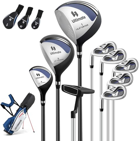 COSTWAY Juego de Palos de Golf para Hombres Zurdos, Bolsa de Golf Portátil y Ligera con Soporte, #1 Driver de 460 CC, #3 Fairway y #4 Híbrido con Fundas, #6, 7,8, 9, #P Hierros y Putter (Azul)