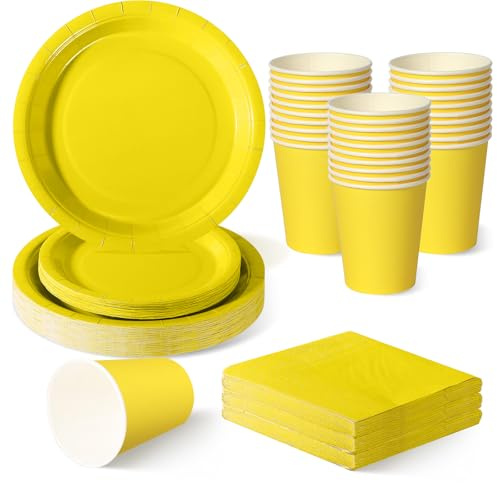 ZblPyro 120 Piezas Amarillo vajilla desechable cumpleaños para 30 Invitados | 18 y 23 cm platos carton, vasos de papel, servilletas, cumpleaños infantil, festival de verano, celebración soleada.