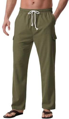 Zetieny Pantalon Lino Hombre Casuales con Cordón Largos Verano Playero | Tejido Fresco y Transpirable, Cintura Elástica, Corte Holgado y Cómodo, Sin Elasticidad, Yoga, Vacaciones, Oficina, Fiesta