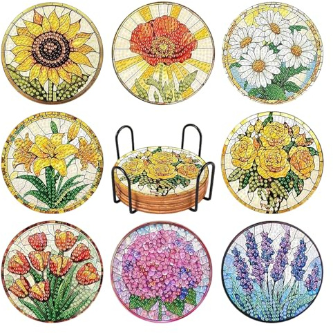 Junhonze 8 PièCes Dessous De Verre Diamond Painting - sous Verres Fleurs avec Peinture Diamant - Activité Manuelle Adulte, Peuvent êTre UtiliséEs pour Les Tasses, Les Verres à Vin Et Les Vases