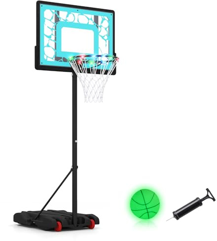 COSTWAY Canestro da Basket da Esterno, Canestro Pallacanestro da Piscina con Luci LED, Altezza Regolabile 115-144 cm, Palla, Ruote, Base Riempibile e Tabellone Infrangibile