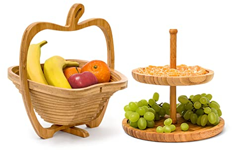 Relaxdays 2 Pieces Set Bamboo, Fruit Bowl Apple Design, Decorative Etagere, Serving Wooden Basket and Platter Stand, Natural Brown