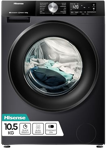 Hisense 3S WiFi Series WF3S1043BB3 10.5 KG Front Load Washing Machine Durable Inverter, Steam Wash, Quick Wash, 19 Programmes 1400 RPM Black Energy Rating A