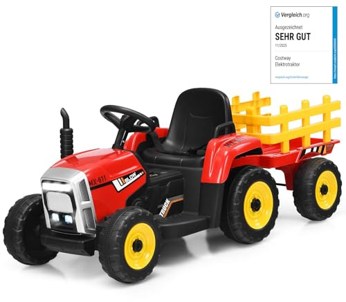 COSTWAY Trattore con Rimorchio Cavalcabile per Bambini 12V, Trattore Elettrico Telecomandato, con Luci e Suoni, 30kg, 3+ Anni (Rosso)