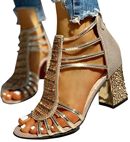 Minetom Sandalias Mujer Bombas Tacones De Bloque Altos Zapatos Verano Con Cremallera Para Fiesta Ocio Boda Noche A Dorado 37 EU