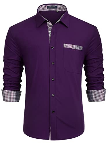 Enlision Purple Dress Shirts for Men Long Sleeve Regular Fit Formal Wedding Shirt Business Contrast Colour Casual Shirts with Pocket L
