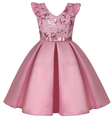 BUNNY LULU Mädchen Kleid mit schräger Schulter, Brautjungfer, Hochzeit, Prinzessin, Kinder, Schleife, Geburtstagsball, Party, Show, Abend, Lavendel.（Rosa,7-8 Jahre）