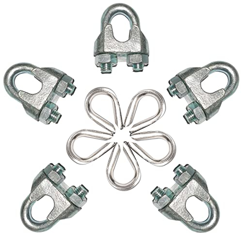 5 Piezas Abrazadera Cable Acero y 5 Piezas Dedales de Cable de Acero, Abrazadera de Cable de Clip M5, Dedales de Cable de Acero Inoxidable, Abrazaderas de Cable, para Cable de Acero 5mm Cuerda