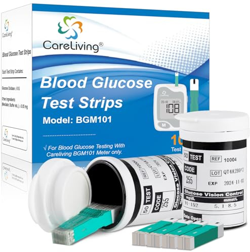 CareLiving BGM101 Blood Glucose Test Strips, for Diabete Sugar Testing, 100 Count