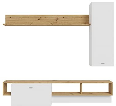 AVANTI TRENDSTORE Argo - Parete da soggiorno moderna e semplice in legno laminato di colore quercia artigianale e bianco opaco, composto da 3 mobilii. Dimensioni LAP 225x206x44,8 cm.