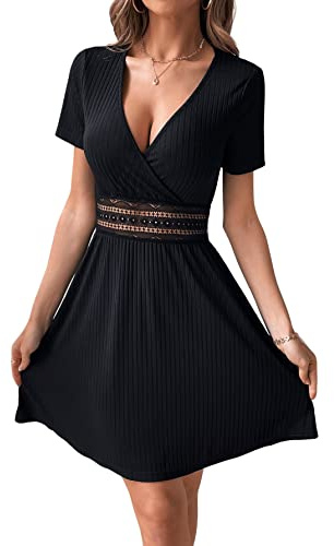Gorglitter Robe d'été pour femme A-ligne Col en V Robe de patineuse Élégante Robe de loisirs Short avec dentelle, Noir , L